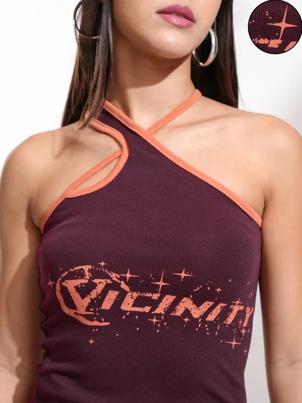 Tokyo Talkies Women Burgundy Printed Fitted Top