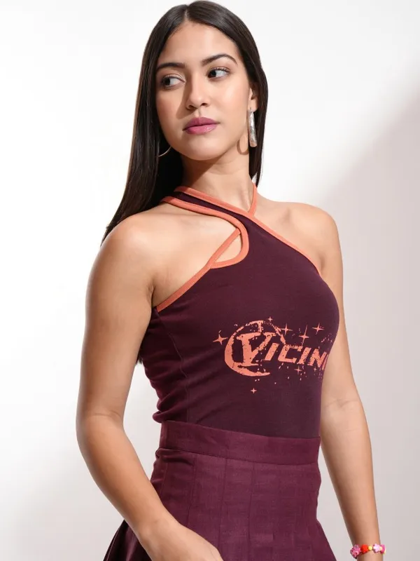 Tokyo Talkies Women Burgundy Printed Fitted Top