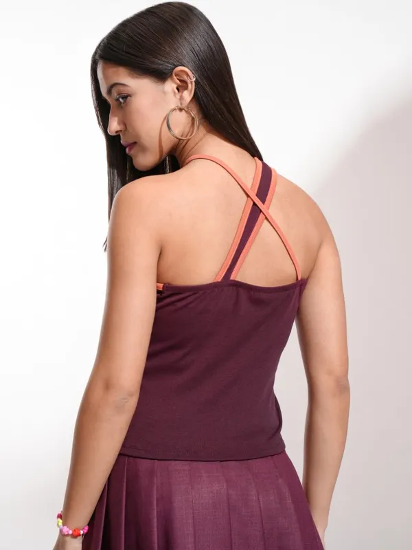 Tokyo Talkies Women Burgundy Printed Fitted Top