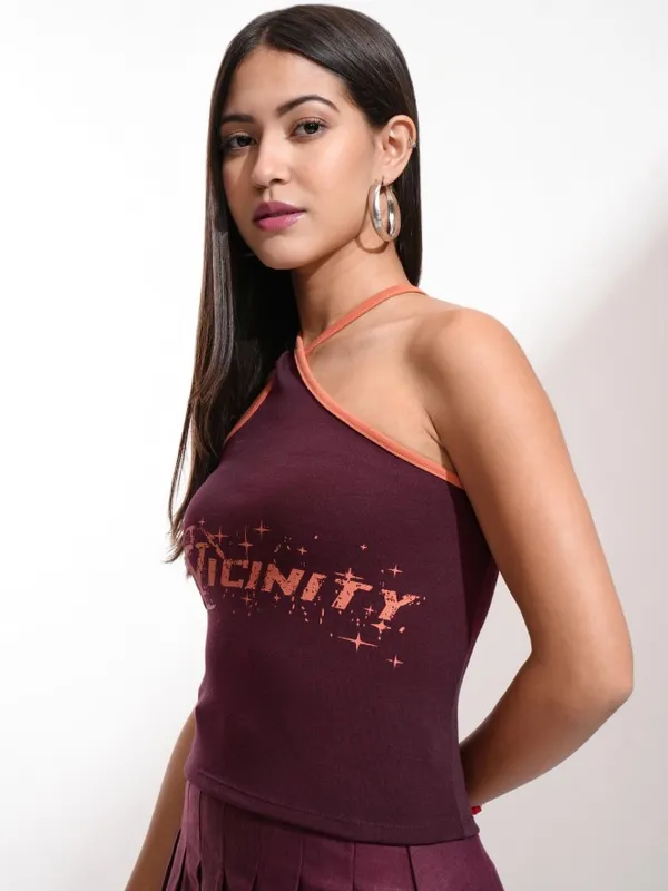 Tokyo Talkies Women Burgundy Printed Fitted Top