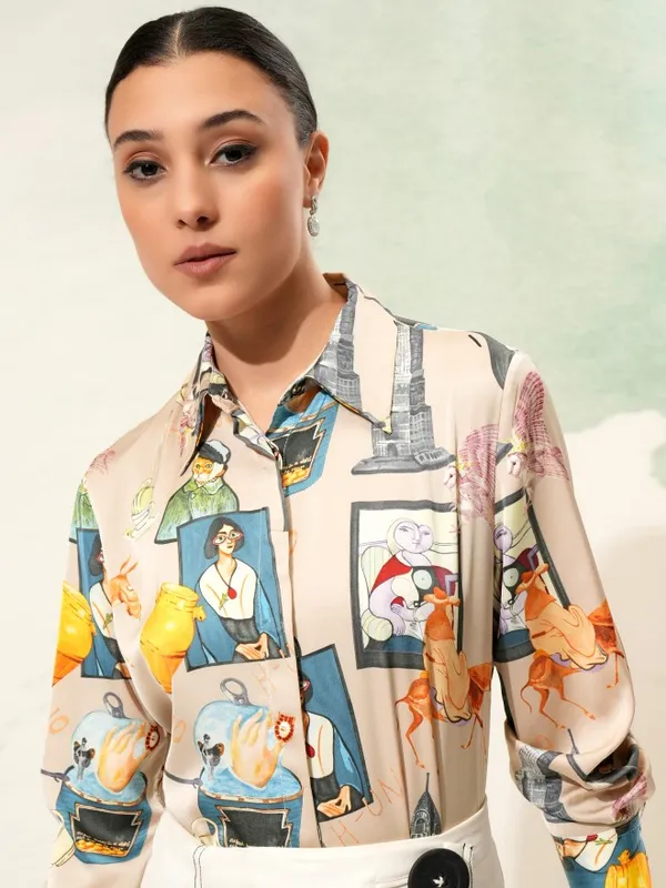 Tokyo Talkies Women Beige Printed Casual Shirt