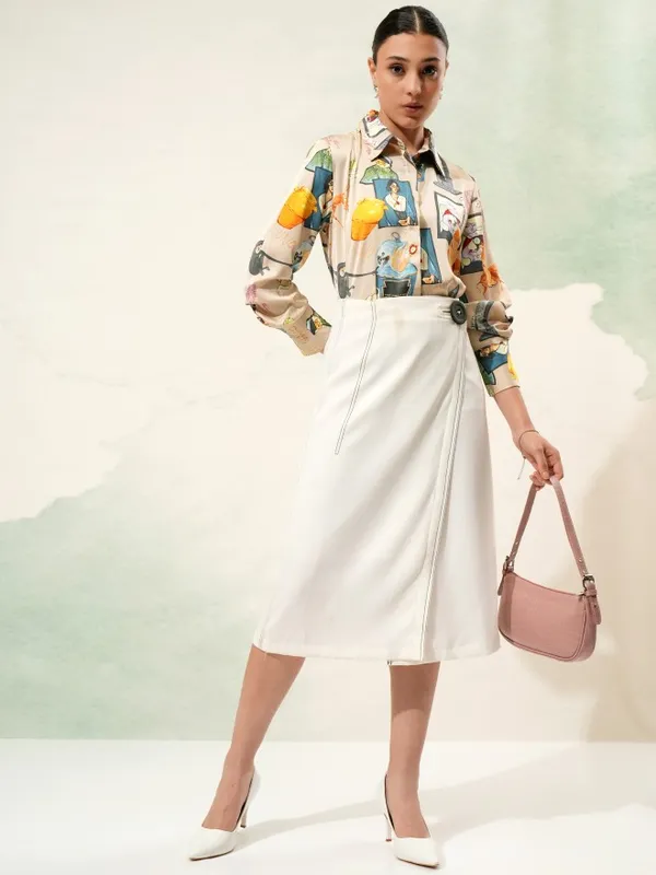Tokyo Talkies Women Beige Printed Casual Shirt