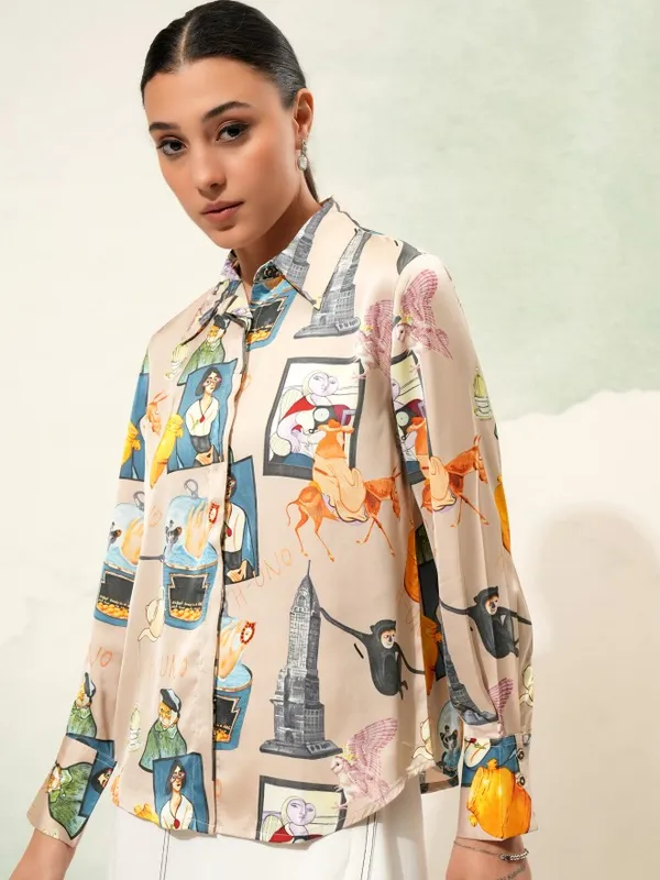 Tokyo Talkies Women Beige Printed Casual Shirt