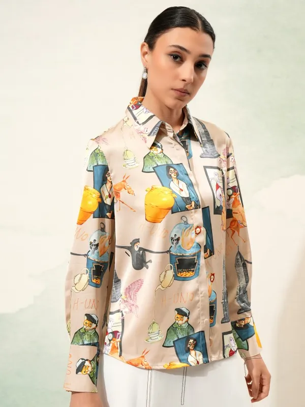Tokyo Talkies Women Beige Printed Casual Shirt