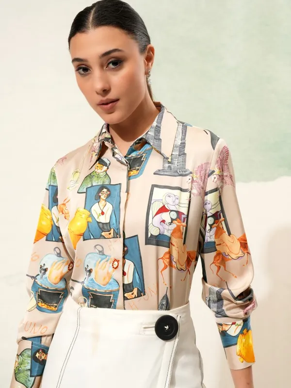 Tokyo Talkies Women Beige Printed Casual Shirt