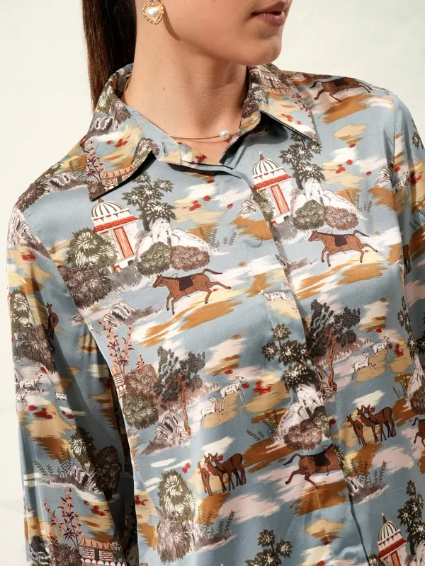 Tokyo Talkies Women Blue Printed Regular Fit Casual Shirt