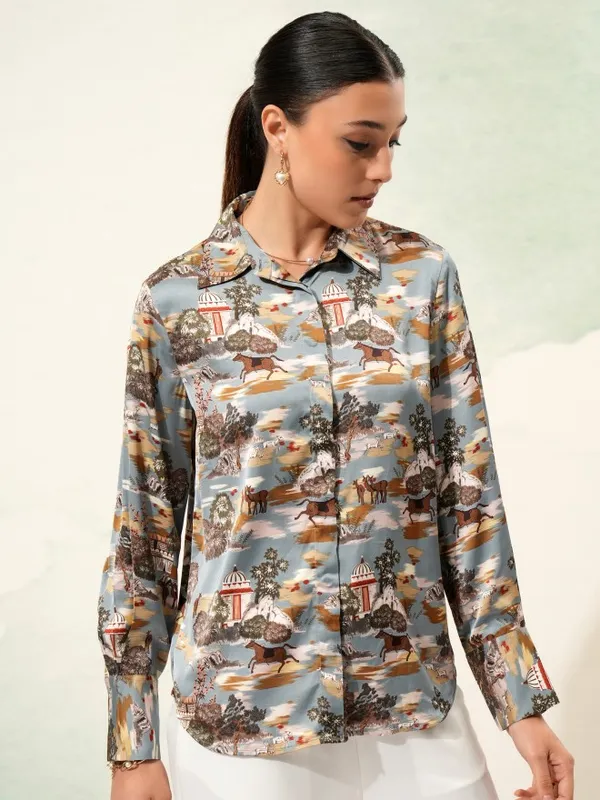 Tokyo Talkies Women Blue Printed Regular Fit Casual Shirt