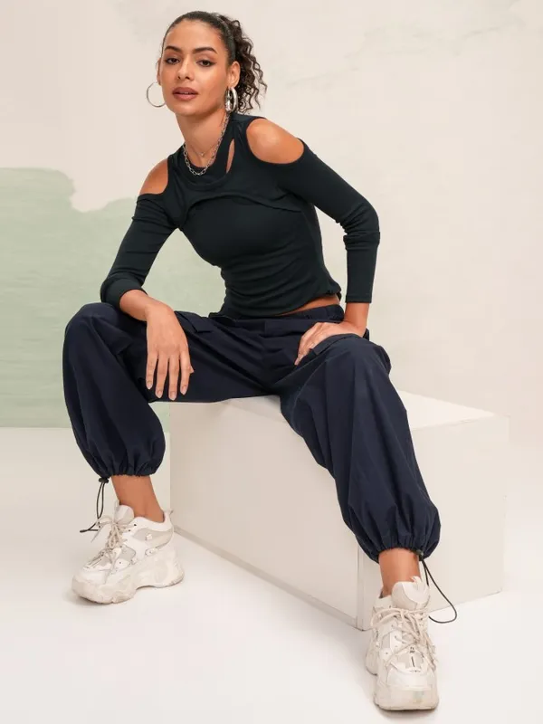 Tokyo Talkies Women Navy Blue Solid Fitted Top