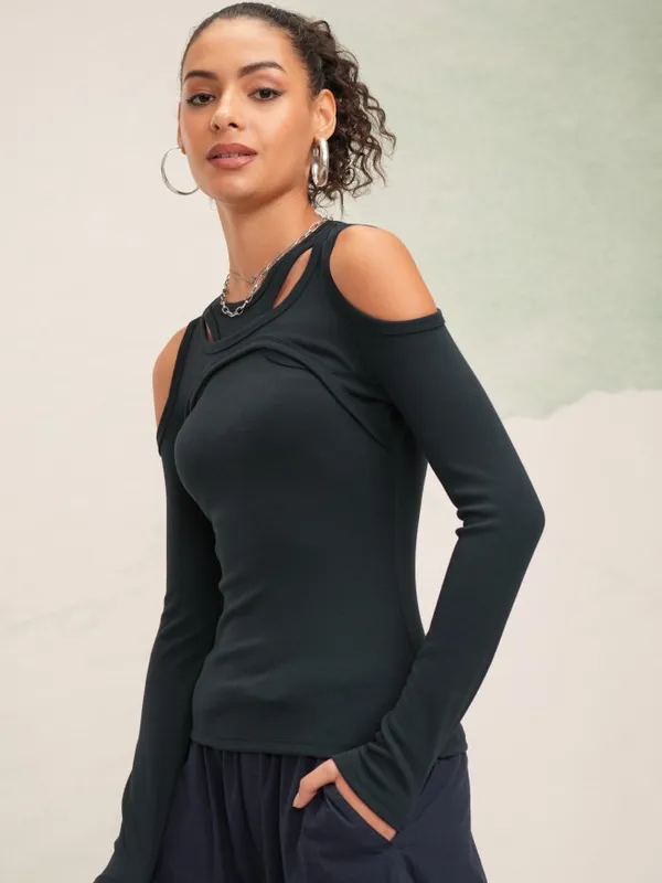 Tokyo Talkies Women Navy Blue Solid Fitted Top