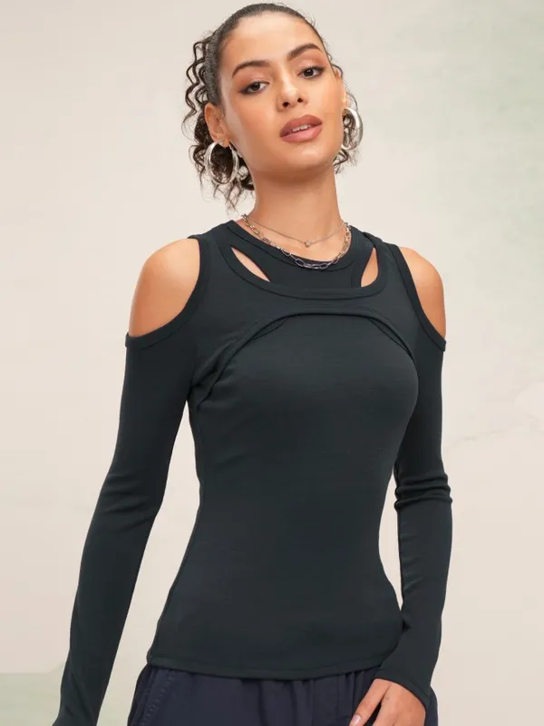 Tokyo Talkies Women Navy Blue Solid Fitted Top