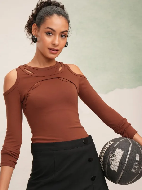 Tokyo Talkies Women Rust Solid Fitted Top