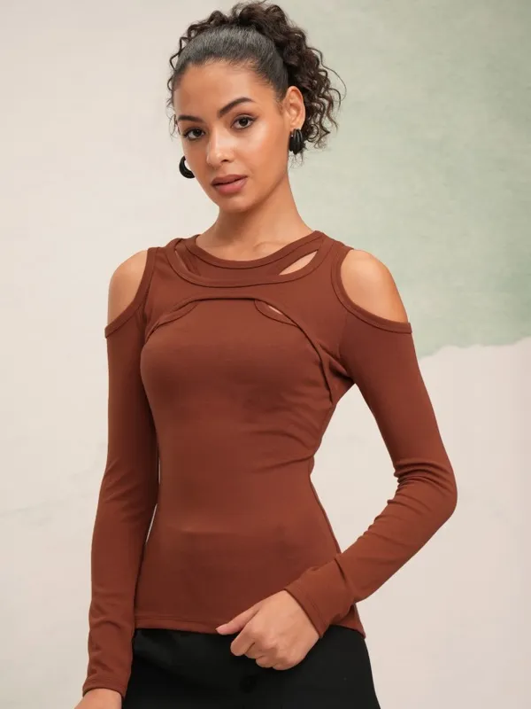 Tokyo Talkies Women Rust Solid Fitted Top