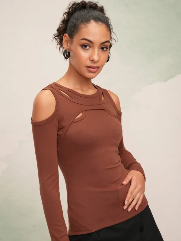 Tokyo Talkies Women Rust Solid Fitted Top