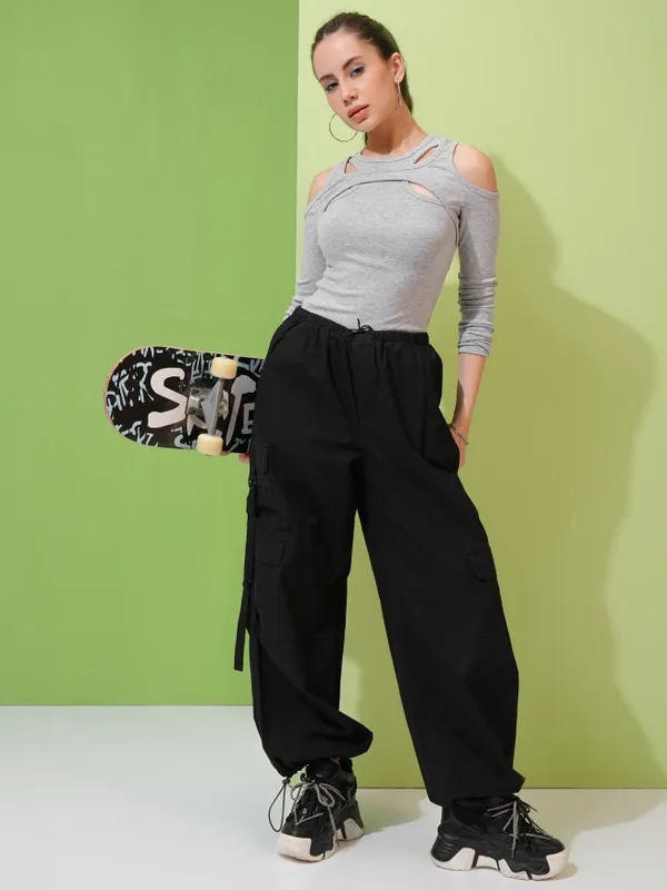 Tokyo Talkies Women Grey Solid Fitted Top