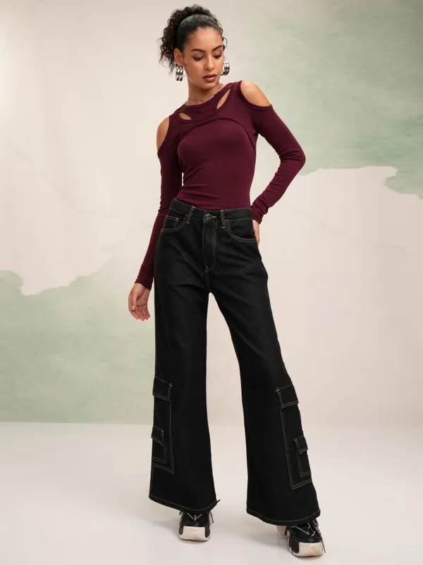 Tokyo Talkies Women Burgundy Solid Fitted Top