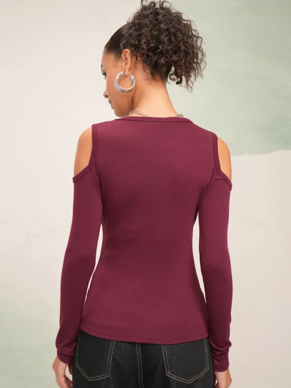 Tokyo Talkies Women Burgundy Solid Fitted Top