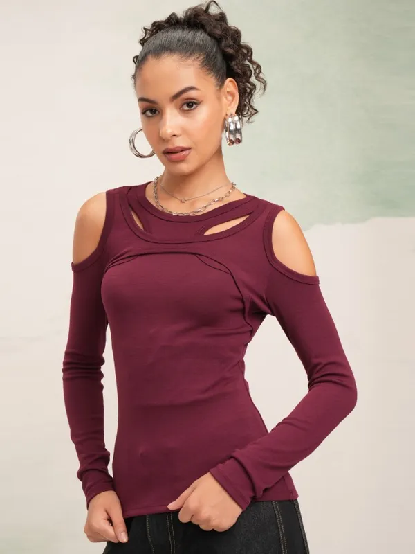 Tokyo Talkies Women Burgundy Solid Fitted Top