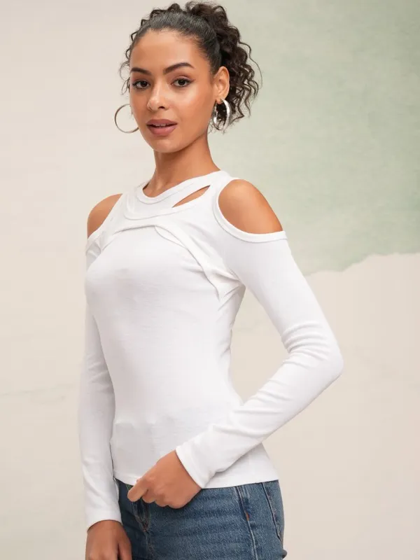 Tokyo Talkies Women White Solid Fitted Top