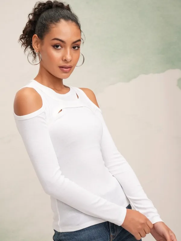 Tokyo Talkies Women White Solid Fitted Top