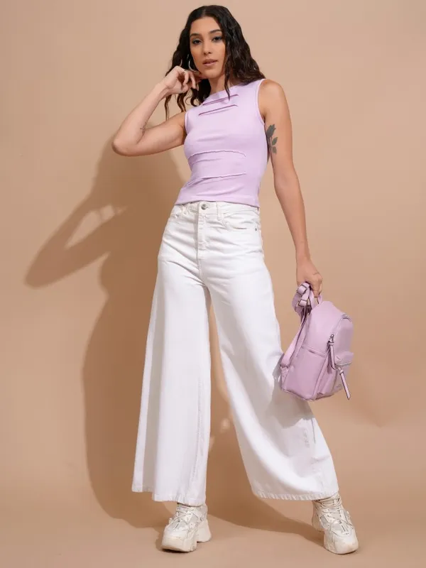 Tokyo Talkies Women Lavender Solid Fitted Top