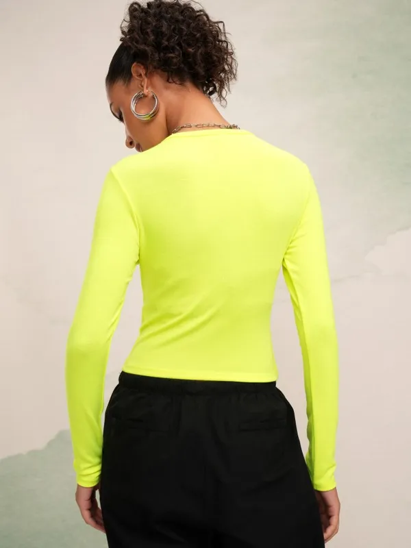 Tokyo Talkies Women Green Printed Round Neck Slim Fit Crop T-Shirt