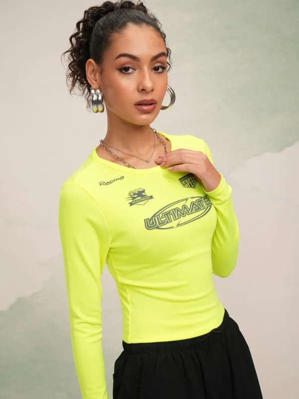 Tokyo Talkies Women Green Printed Round Neck Slim Fit Crop T-Shirt