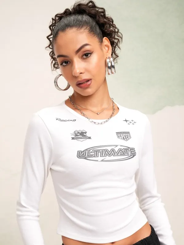 Tokyo Talkies Women White Printed Round Neck Slim Fit Crop T-Shirt