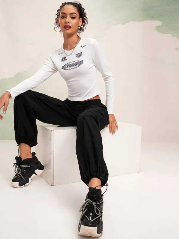 Tokyo Talkies Women White Printed Round Neck Slim Fit Crop T-Shirt