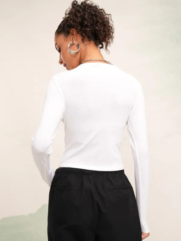 Tokyo Talkies Women White Printed Round Neck Slim Fit Crop T-Shirt