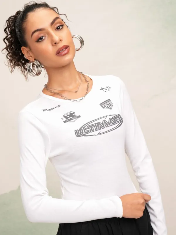 Tokyo Talkies Women White Printed Round Neck Slim Fit Crop T-Shirt