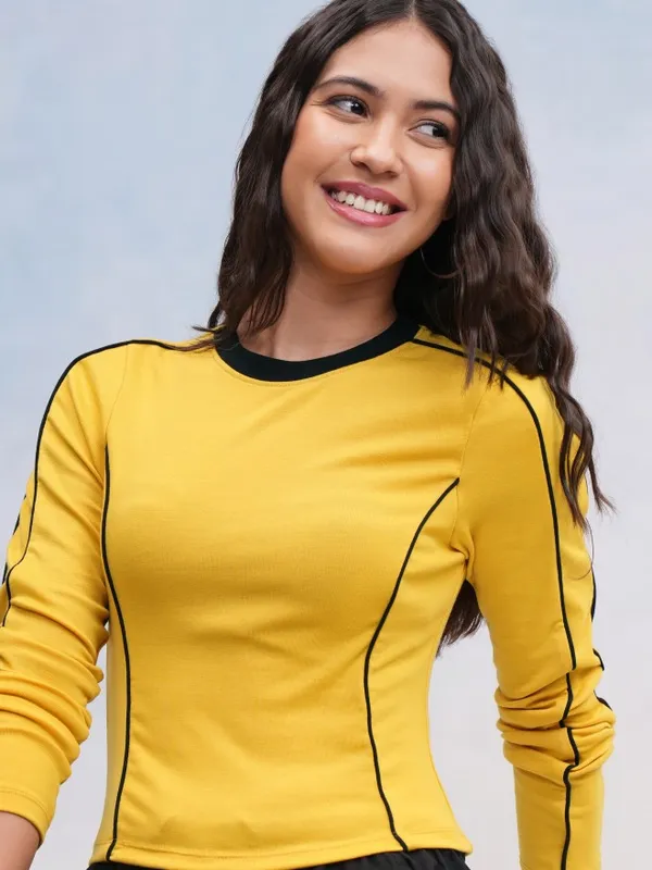 Tokyo Talkies Women Yellow Solid Fitted Top