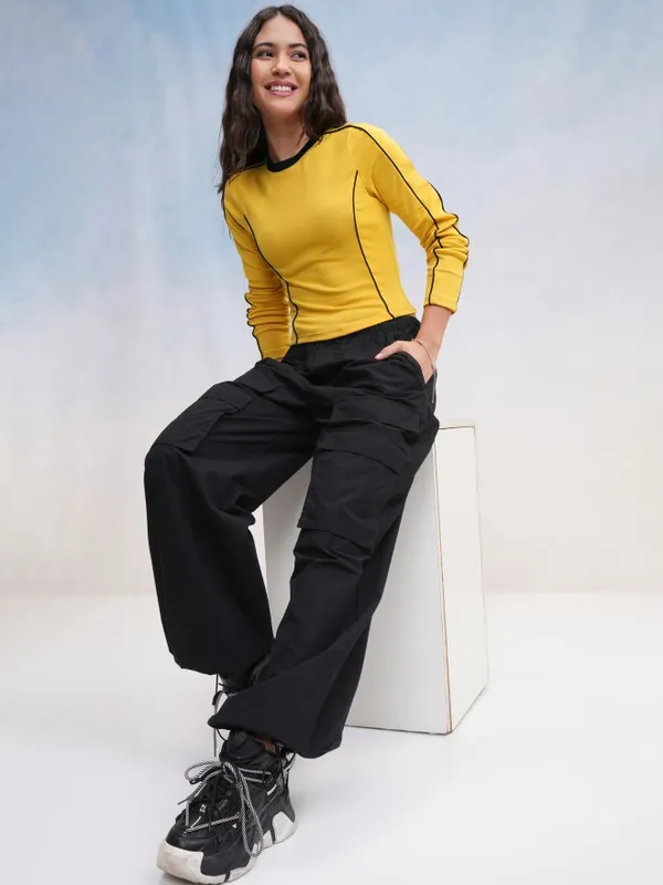 Tokyo Talkies Women Yellow Solid Fitted Top