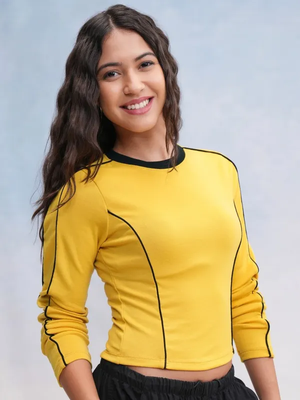 Tokyo Talkies Women Yellow Solid Fitted Top
