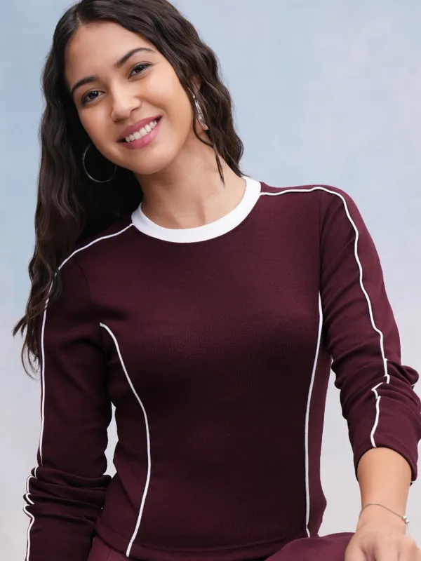 Tokyo Talkies Women Burgundy Solid Fitted Top