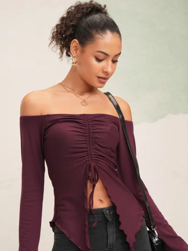 Tokyo Talkies Women Burgundy Solid Fitted Top