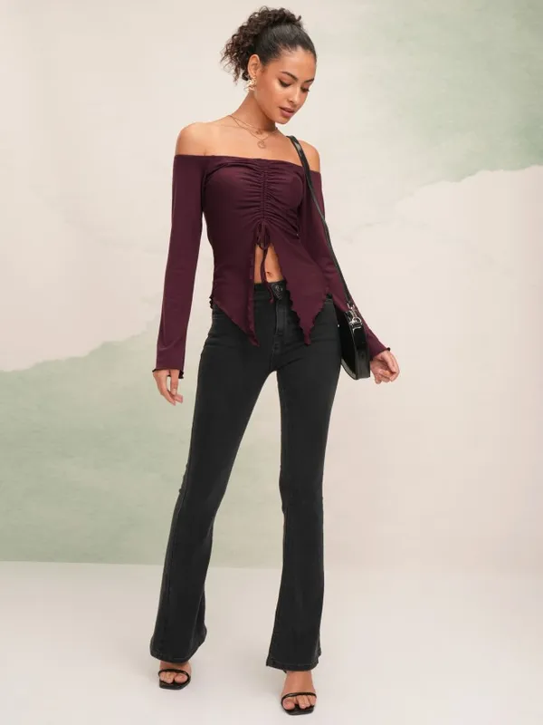 Tokyo Talkies Women Burgundy Solid Fitted Top