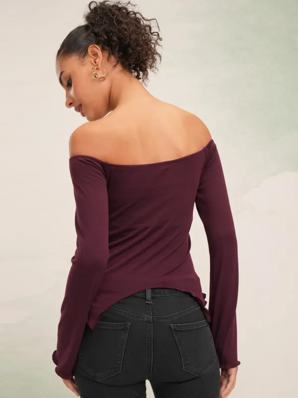 Tokyo Talkies Women Burgundy Solid Fitted Top
