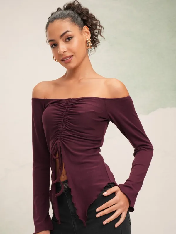 Tokyo Talkies Women Burgundy Solid Fitted Top