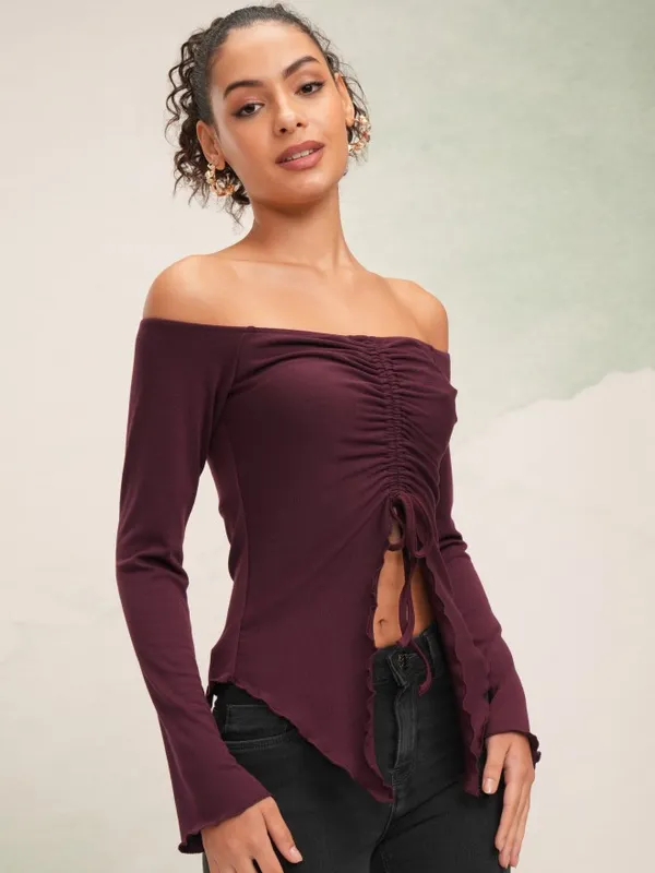 Tokyo Talkies Women Burgundy Solid Fitted Top
