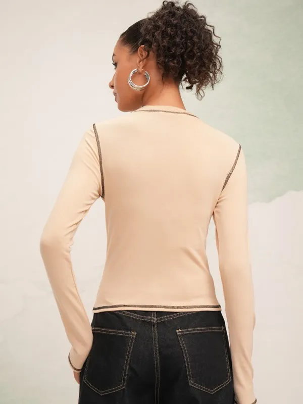 Tokyo Talkies Women Beige Printed Round Neck T-Shirt