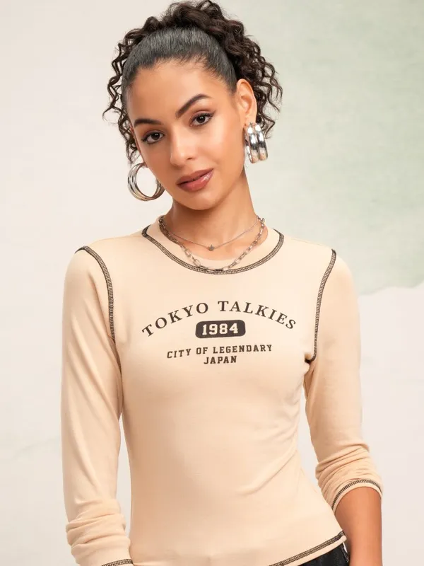 Tokyo Talkies Women Beige Printed Round Neck Slim Fit Crop T-Shirt