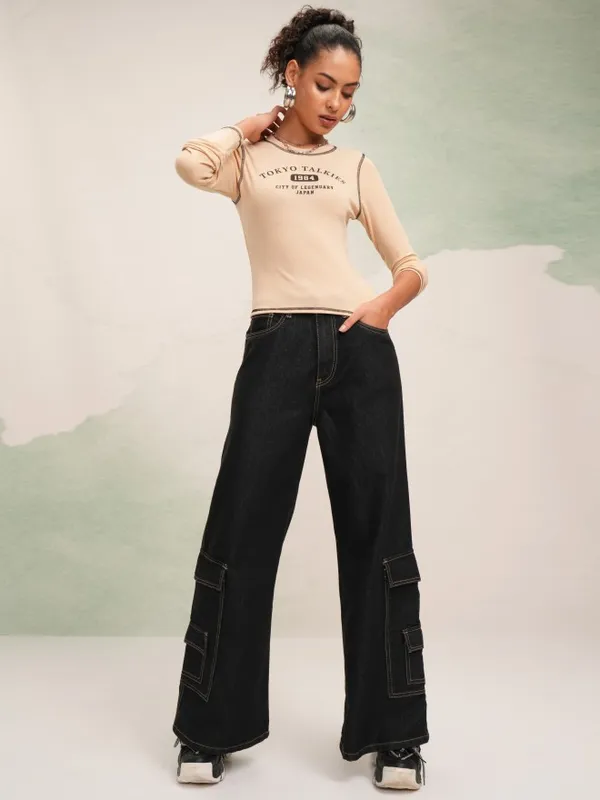 Tokyo Talkies Women Beige Printed Round Neck Slim Fit Crop T-Shirt
