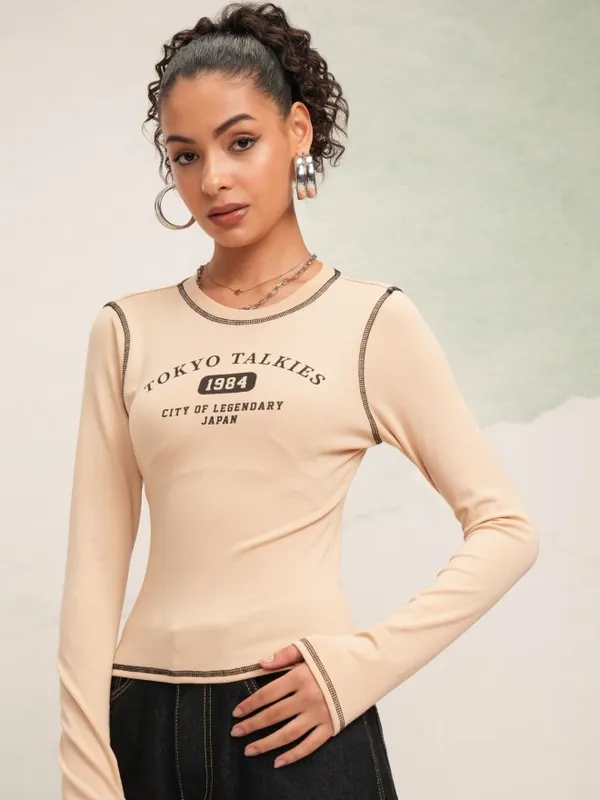 Tokyo Talkies Women Beige Printed Round Neck Slim Fit Crop T-Shirt