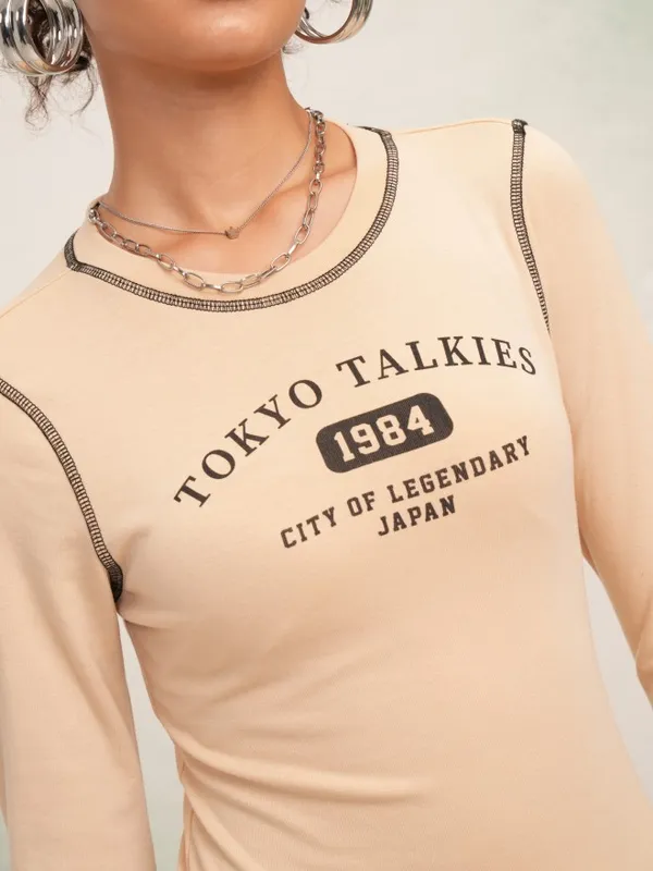 Tokyo Talkies Women Beige Printed Round Neck Slim Fit Crop T-Shirt