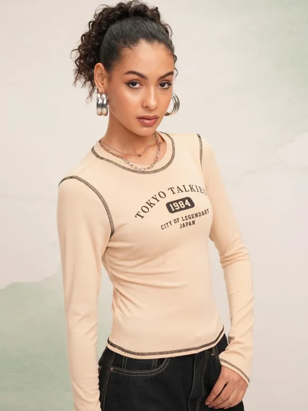 Tokyo Talkies Women Beige Printed Round Neck Slim Fit Crop T-Shirt