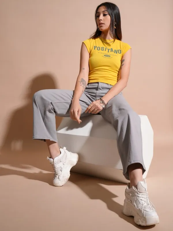 Tokyo Talkies Women Yellow Printed Fitted Top