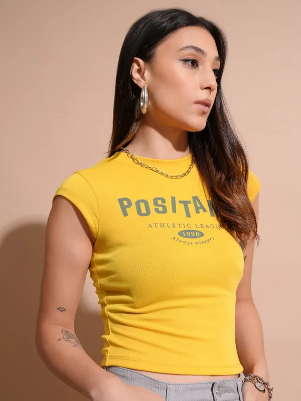 Tokyo Talkies Women Yellow Printed Fitted Top