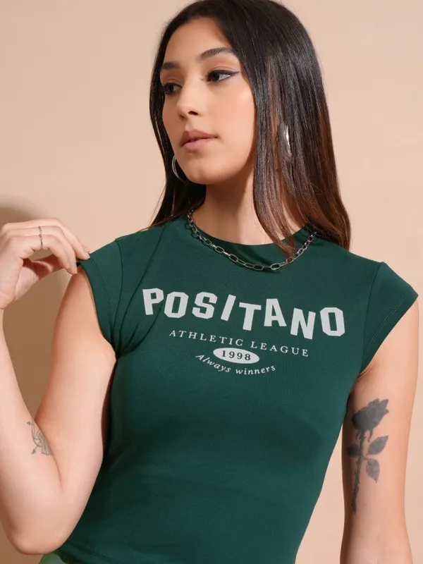 Tokyo Talkies Women Green Printed Fitted Top