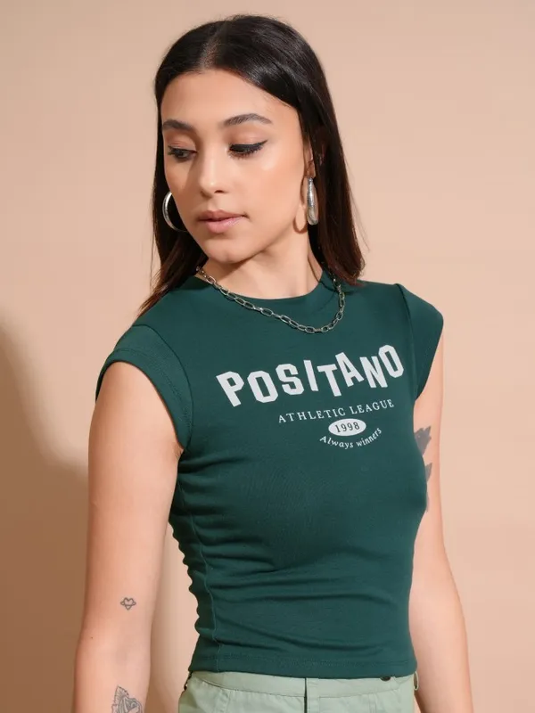Tokyo Talkies Women Green Printed Fitted Top