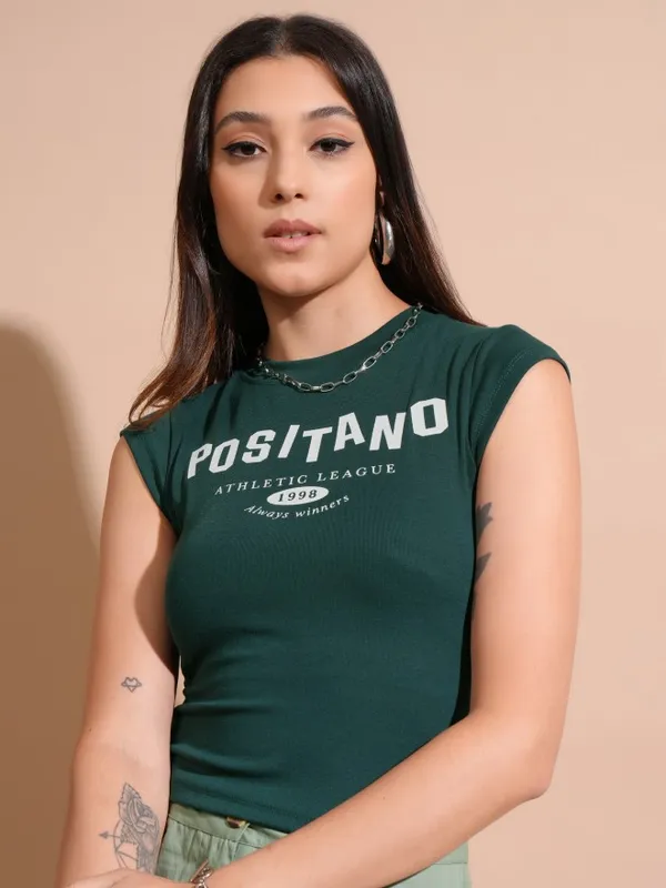 Tokyo Talkies Women Green Printed Fitted Top